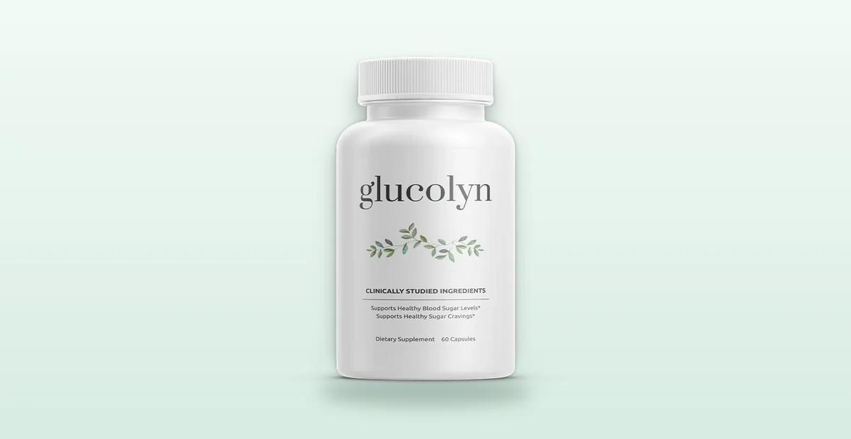 Glucolyn dietary supplement bottle, 60 capsules, on a mint banner