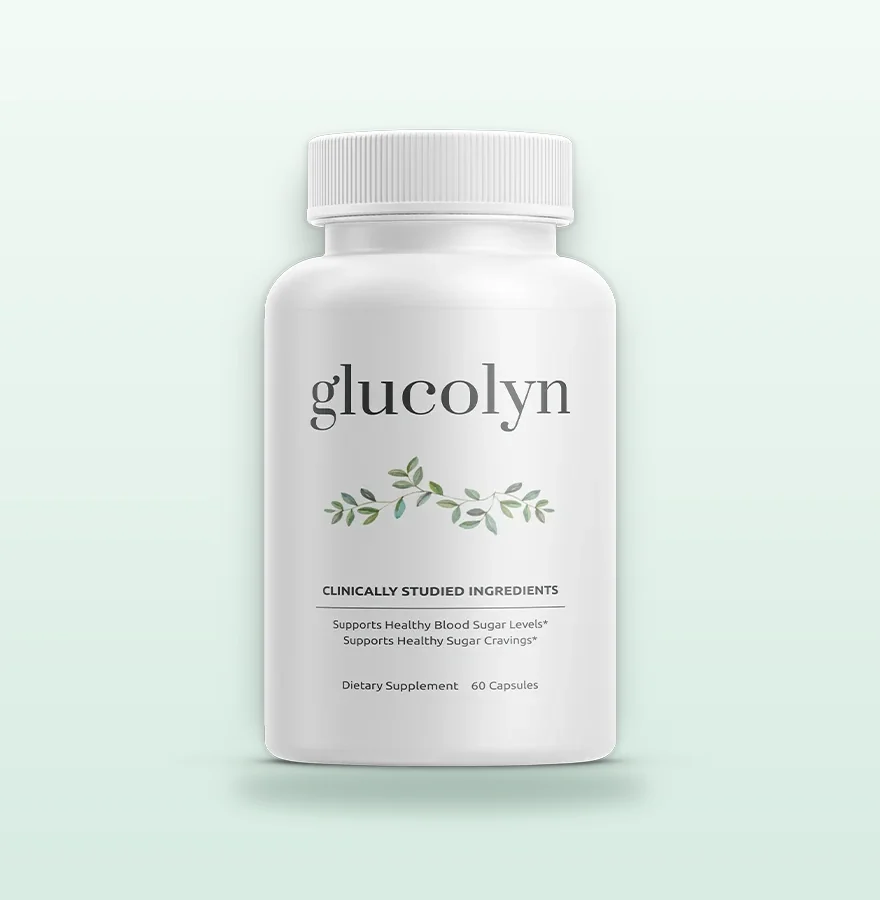 Glucolyn blood sugar support capsule bottle on a soft mint background, 60 capsules